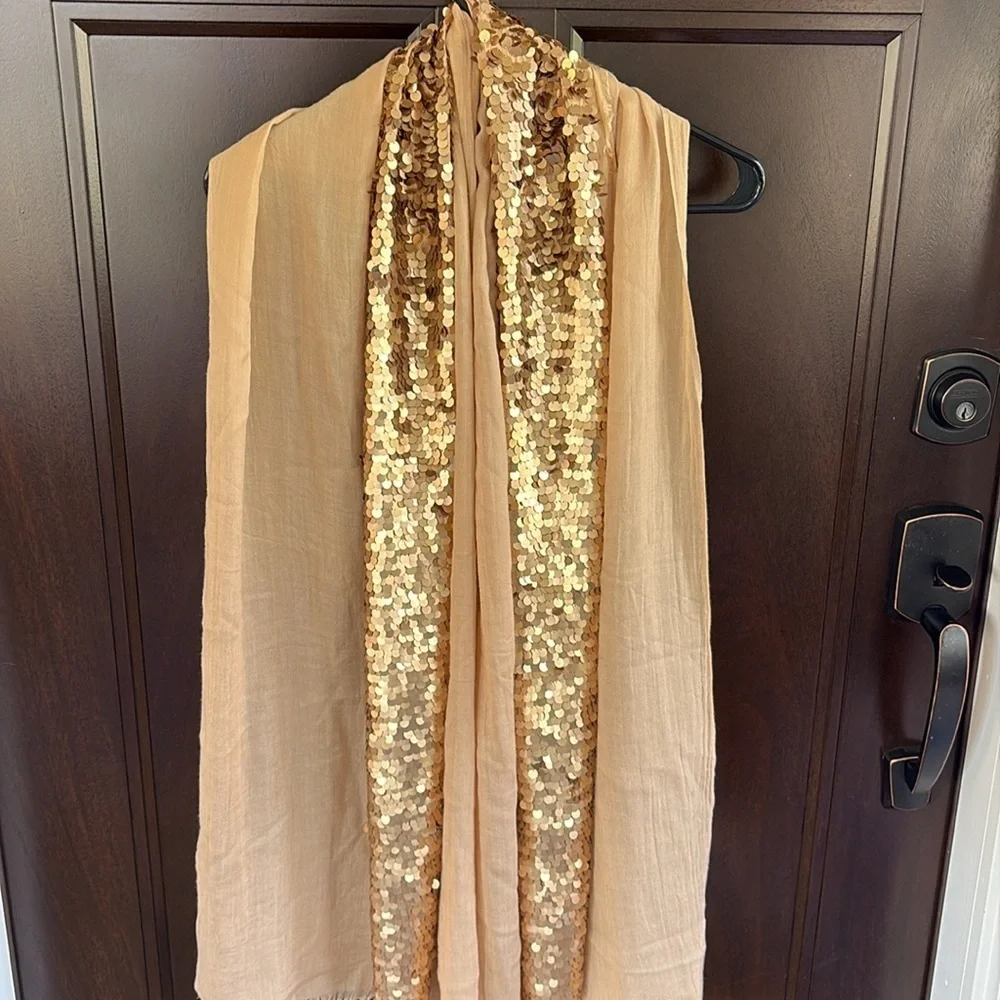 NWT Tory Burch Silk / Wool Sequined Shawl Scarf Gold Tan Retail $275.00